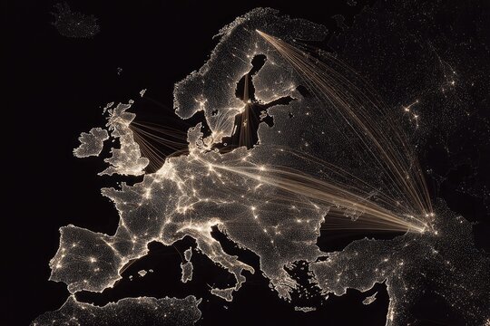 European network of transportation routes visualized as light trails on a dark map.