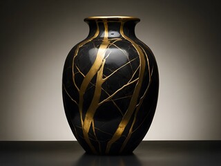 Matte black minimalism meets copper brilliance, Kintsugi vase glowing in clean white space.