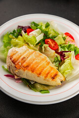 Grilled chicken breast salad chicken breast tomato, green leaf lettuce, salad mix snack vegetables snack gourmet food background on the table rusticcopy space keto and paleo diet vegan and vegan food
