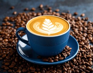 A vibrant latte art creation in a blue cup, surrounded by coffee beans