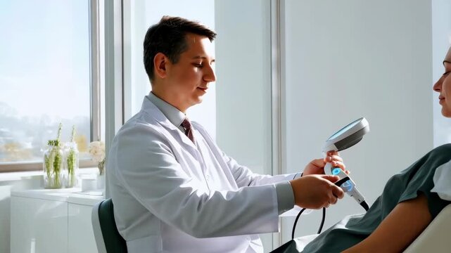 Doctor performing medical procedure for female patient in modern clinic, using specialized equipment for healthcare. concept of women's reproductive health and safe care. Medical professional
