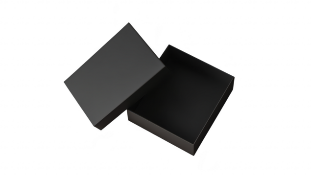 A minimalist black open box sits on a soft pink surface. its empty interior. perfect for packaging gifts or products. with a subtle elegance that enhances any presentation
