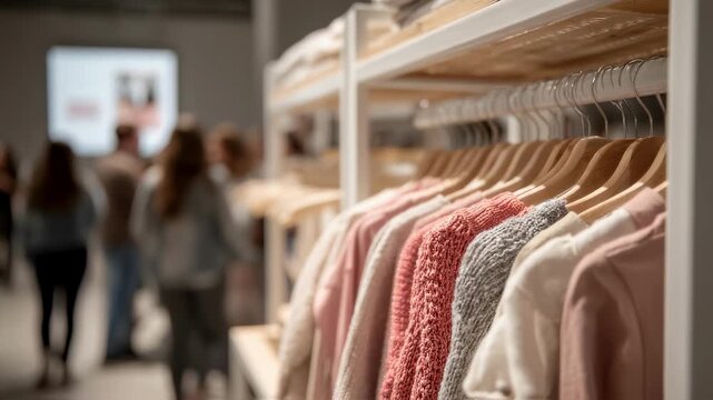 Medium shot showcasing a compact clothing popup unit clear focus on the folded apparel and hanger details with shoppers out of focus behind.