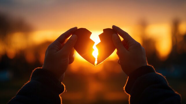 Hands hold broken heart shape against sunset background symbolizing lost love and heartbreak during evening hours