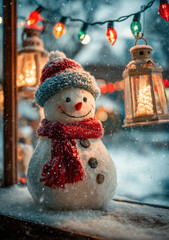 Snowman stands cheerfully in a winter setting as colorful lights twinkle in the background during a festive holiday season