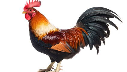 Fototapeta premium A and colorful rooster stands proudly against a white background. its striking plumage and confident posture. ideal for agricultural or wildlife-themed projects