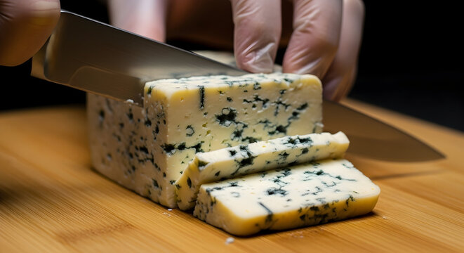 Artisan Blue Cheese Cutting Delicious Dairy Food Gourmet Cheese Selection Culinary Delicacy Premium Cheese Block Slicing Fresh Cheese Preparation Fine Dining Restaurant Recipe Ingredient Dairy Product - Powered by Adobe