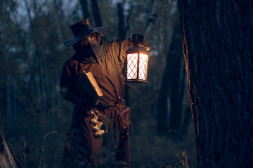 Mysterious plague doctor illuminates a dark forest with lantern and book.