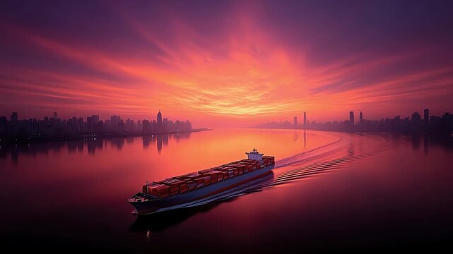 Container Ship's Magnificent Voyage Under Sunset Glow