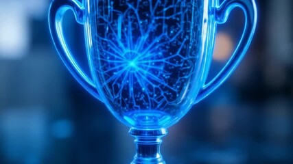 The shining blue trophy symbolizes success, achievement, and victory in a digital and futuristic abstract design. 4k video
