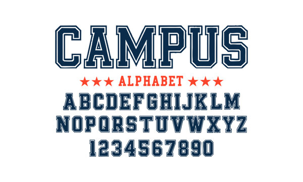CAMPUS Varsity Alphabet, Collegiate Block Typeface Pack (A&ndash;Z, 0&ndash;9), Vintage sport font in American style for football, baseball or basketball logos and t-shirts, easily editable. 