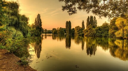 shore. Tranquil lakeside view at sunset with calm water reflecting golden hues. inspiring travel planning, travel magazines, designed for outdoor magazines and nature guides.