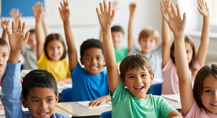Excited elementary school children raising hands actively participating in class learning education classroom teamwork togetherness knowledge