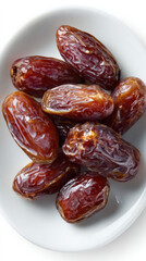 Fresh dates served in a white bowl on a clean surface during the daytime