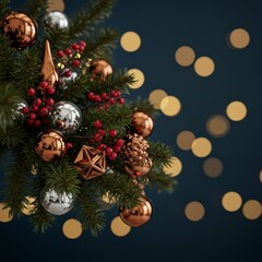 Festive Christmas Tree Branch with Ornaments and Bokeh Lights.