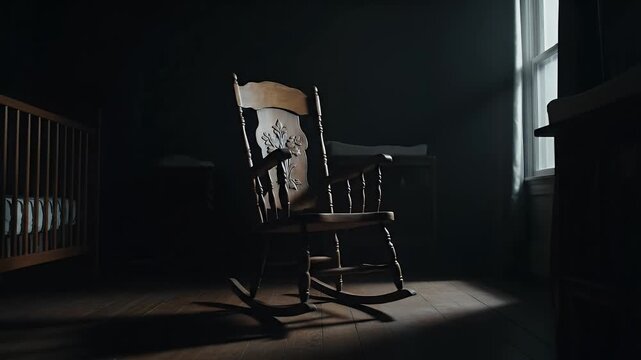 A chair that rocks by itself is bathed in a beam of light in a dark, creepy, and abandoned nursery, evoking a creepy and unsettling mood.