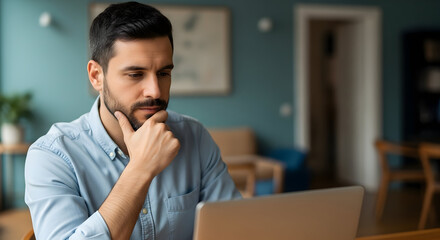 Focused young man working from home on laptop thoughtful expression serious concentration home office remote work digital nomad entrepreneur business professional thinking problem solving