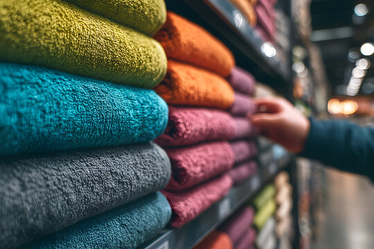 Customer choosing new soft towels in supermarket enjoying shopping relaxing weekend activity