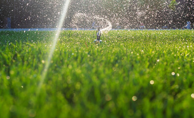 Automatic lawn watering system. Selective focus.