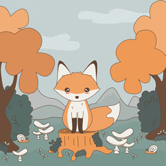 cute hand drawn fall cartoon character baby fox in the forest with orange trees, snail, bushes and white mushrooms vector illustration for children