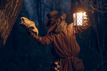 Eerie plague doctor illuminates a dark forest with lantern and bone.
