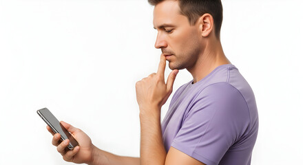 Man thinking deeply while looking at his smartphone screen making a decision choosing options contemplating future plans