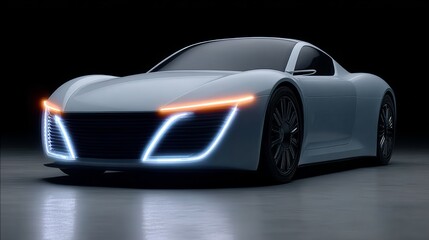 Naklejka premium Futuristic car with neon lights on the front. The car is white and has a sleek design