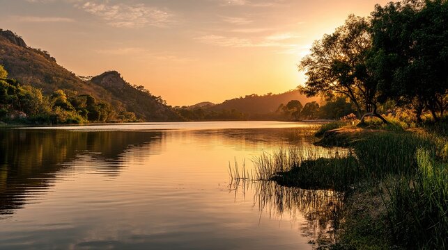 shore. Tranquil lakeside view at sunset with calm water reflecting golden hues. inspiring travel planning, travel magazines, designed for outdoor magazines and nature guides.