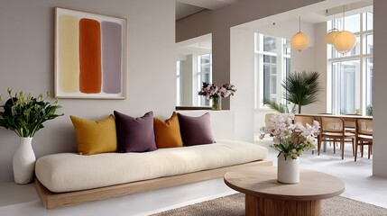 Naklejka premium Living room with a large couch and a coffee table. The couch is covered with pillows and a vase with flowers is on the coffee table. The room has a modern and minimalist design