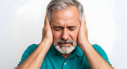 Senior man suffering from severe headache stress anxiety pain holding his head feeling desperate needing help medical healthcare