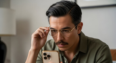 Focused young man checking smartphone wearing glasses modern lifestyle technology communication
