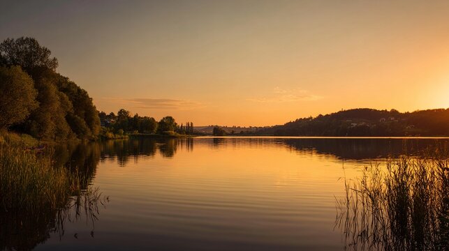 shore. Tranquil lakeside view at sunset with calm water reflecting golden hues. inspiring travel planning, travel magazines, designed for outdoor magazines and nature guides.
