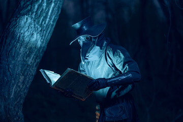 Mysterious plague doctor illuminates ancient tome within shadowy forest.