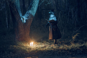 Mysterious plague doctor illuminated by lantern wanders through a dark, enchanted forest.
