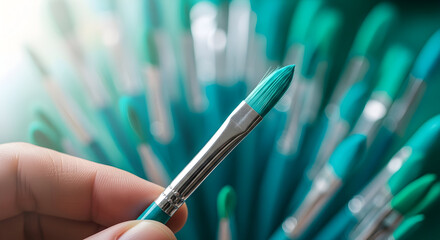 Teal paintbrush held in hand among many others artistic supplies painting tools art studio supplies creative hobby supplies artist tools painting