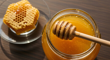 Sweet Golden Honey in Jar with Honeycomb Delicious Natural Organic Healthy Food Breakfast Treat Beekeeping Apiary Honeycomb Texture Golden Nectar