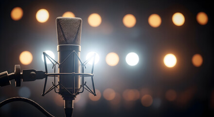 Studio Microphone on Stage Ready for Recording Session Music Concert Broadcast Podcast Singing Voiceover Performance Audio Equipment