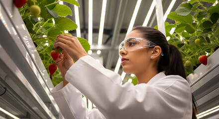 Female scientist harvesting strawberries in a modern hydroponic farm innovative agriculture technology sustainable farming food production