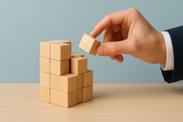 Hand Placing Wooden Block on Stack of Building Blocks on Light Wooden Surface