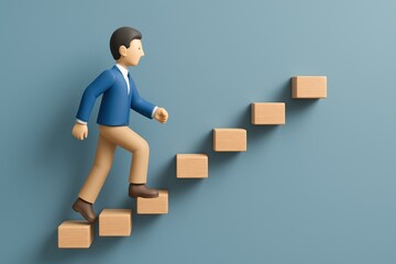 Man Climbing Stylistic Wooden Steps on Blue Background Representing Growth and Progression