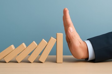 Businessman Preventing Domino Effect with Hand Gesture on Light Blue Background