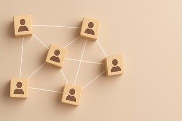 Minimalist network concept illustration with profile blocks connected by lines on a soft background