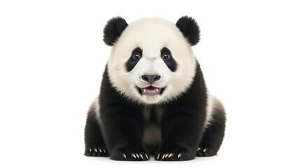 Naklejka premium A panda bear sitting upright facing forward with a white background and a cute expression on its face
