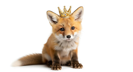 Fototapeta premium A small fox with a crown sitting on a white background looking directly at the viewer with big eyes