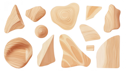 A collection of abstract wooden shapes various textures and forms. perfect for design projects or backgrounds. set against a clean. neutral backdrop