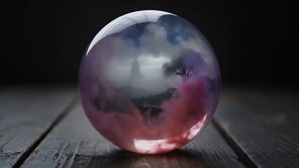 Crystal sphere on dark rustic wood, reflecting swirling purple, blue, and red smoke, showcasing faint spooky tree silhouettes, creating a mysterious, ominous atmosphere.