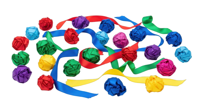 Colorful Fabric Flowers and Ribbons on White Background.