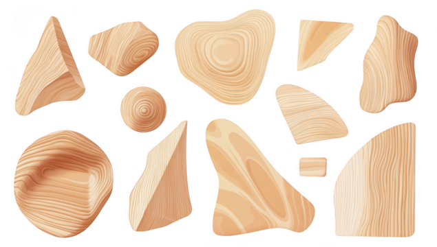 A collection of abstract wooden shapes various textures and forms. perfect for design projects or backgrounds. set against a clean. neutral backdrop