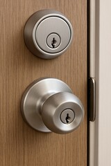 Closeup of Silver Door Lock Hardware Set Showing Deadbolt and Doorknob Locks on Closed Wooden Door