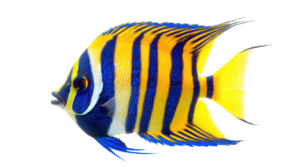 A marine fish with striking blue and yellow stripes swimming gracefully against a white background. ideal for educational materials or aquatic-themed decor